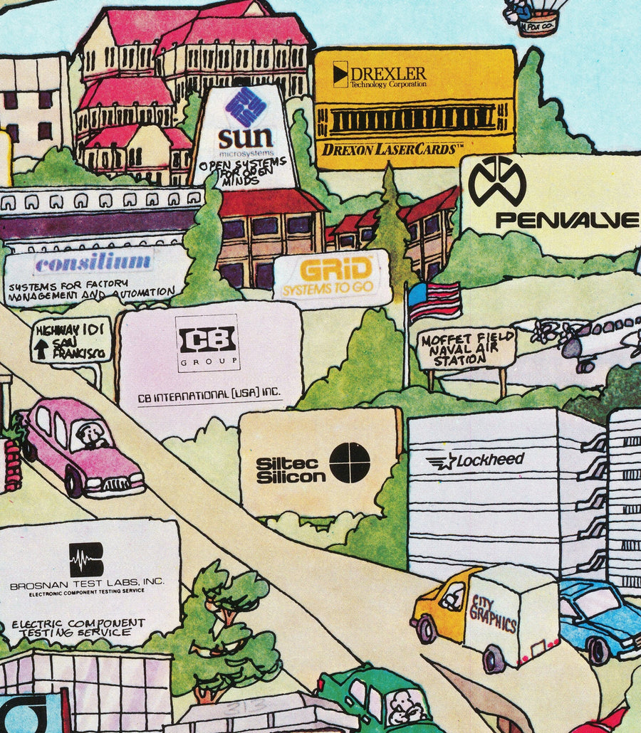 Mappa rara e antica della Silicon Valley, 1985 - Carta pittorica di Mountainview, Sunnyvale, Cupertino, San Jose, Fremont 