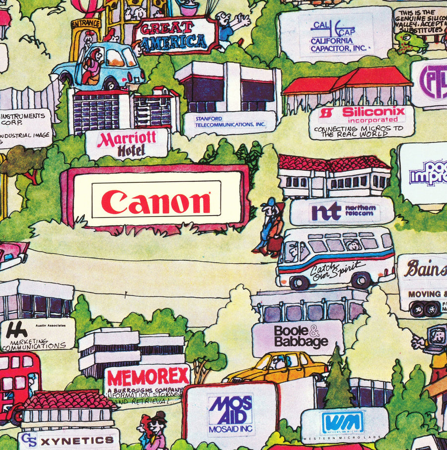 Mappa rara e antica della Silicon Valley, 1985 - Carta pittorica di Mountainview, Sunnyvale, Cupertino, San Jose, Fremont 