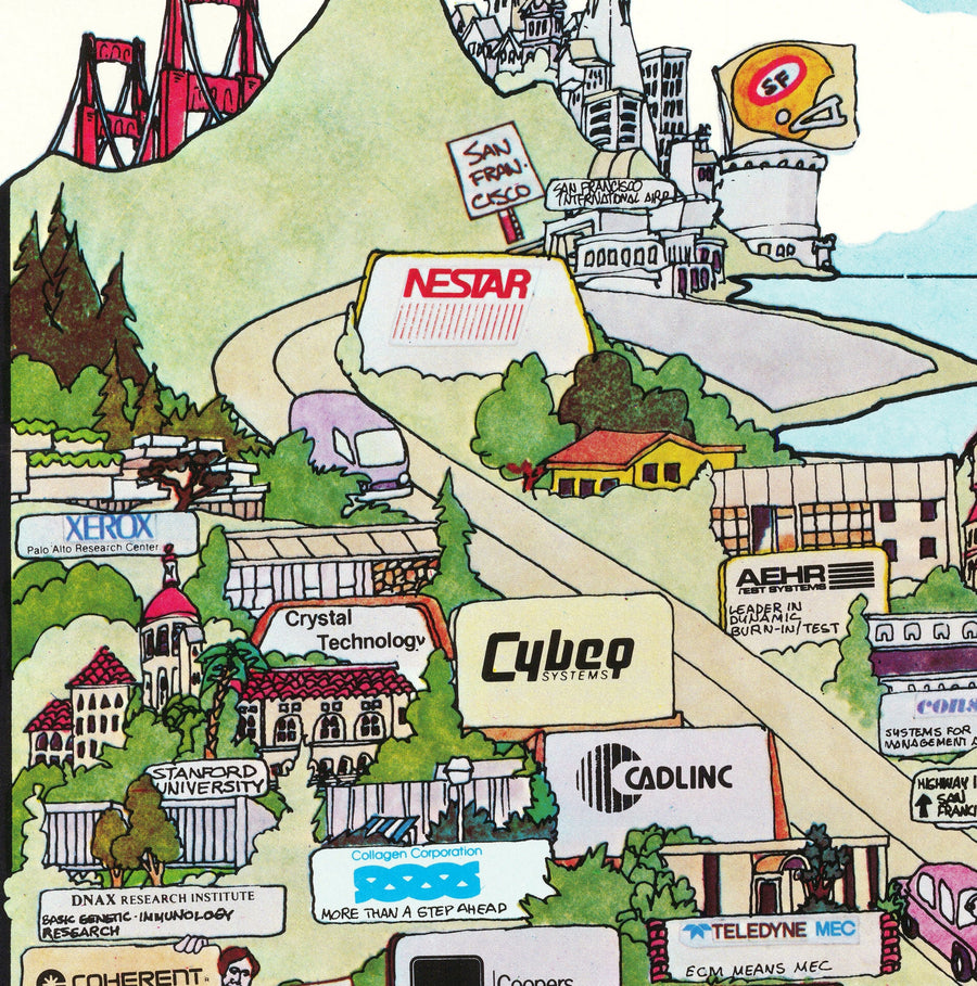 Mappa rara e antica della Silicon Valley, 1985 - Carta pittorica di Mountainview, Sunnyvale, Cupertino, San Jose, Fremont 