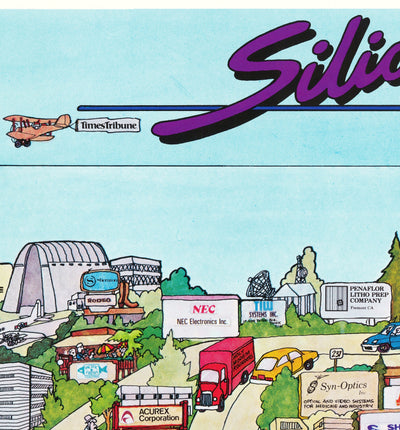 Rare Old Map of Silicon Valley, 1985 - Pictorial Chart of Mountainview, Sunnyvale, Cupertino, San Jose, Fremont