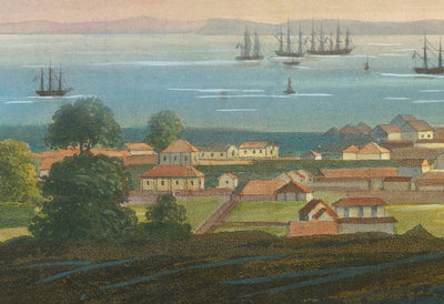 Seltene frühe Ansichtskarte von Singapur im Jahr 1828 von Robert Elliot - Britische Kolonie, Straße von Singapur, Marina Bay, Stadtzentrum