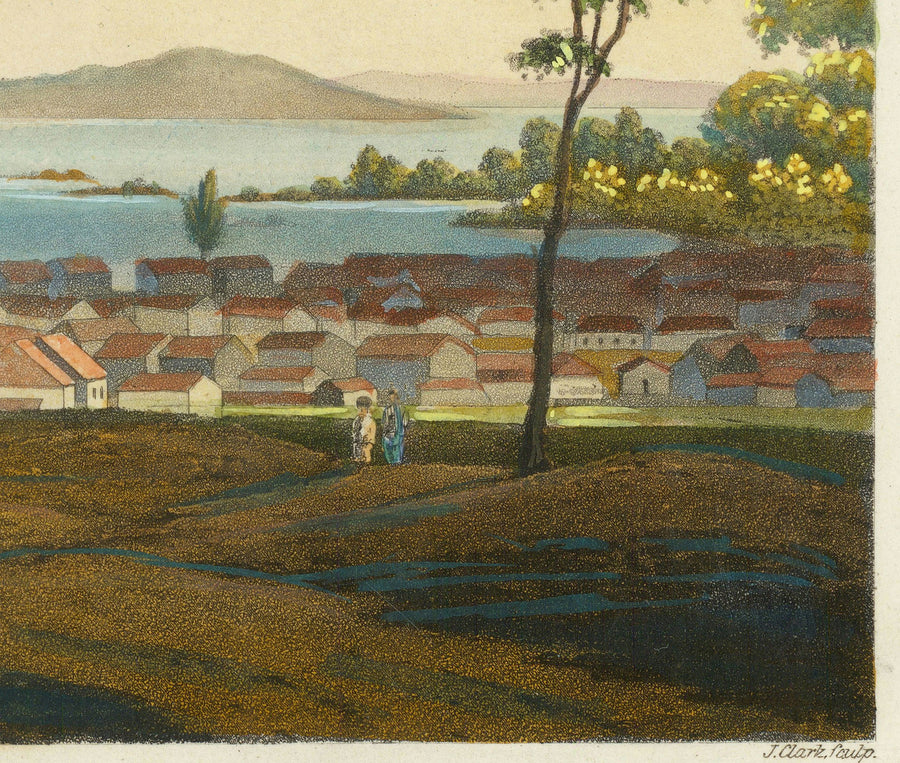 Mappa rara della vista precoce di Singapore nel 1828 di Robert Elliot - Colonia britannica, Stretto di Singapore, Marina Bay, Centro città 