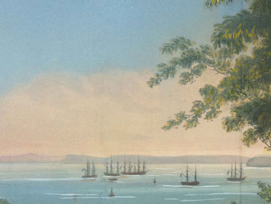 Mappa rara della vista precoce di Singapore nel 1828 di Robert Elliot - Colonia britannica, Stretto di Singapore, Marina Bay, Centro città 