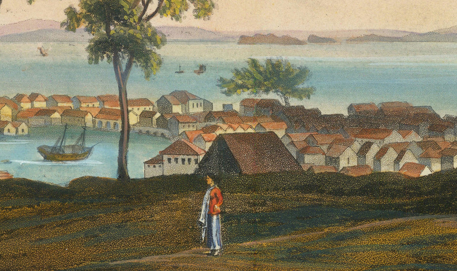 Mappa rara della vista precoce di Singapore nel 1828 di Robert Elliot - Colonia britannica, Stretto di Singapore, Marina Bay, Centro città 