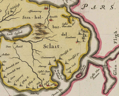 Alte Karte der Isle of Skye im Jahr 1665 von Joan Blaeu - Portree, Raasay, Soay, Scalpay, Dunvegan
