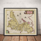 Antiguo mapa de la isla de Skye en 1665 por Joan Blaeu - Portree, Raasay, Soay, Scalpay, Dunvegan