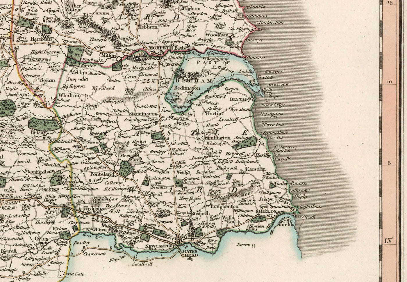 Old Map of Northumberland in 1801 by John Cary - Newcastle, Belford, Hexham, Haltwhistle, Durham