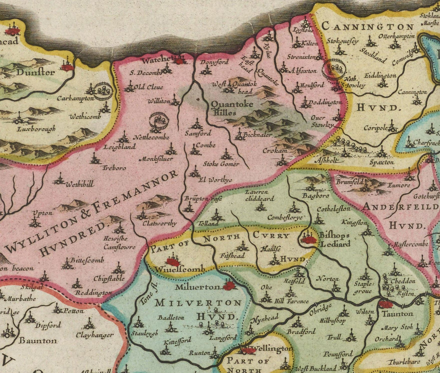 Old Map of Somerset in 1665 by Joan Blaeu - Bath, Bristol, Portishead, Weston-super-Mare, Taunton, Yeovil