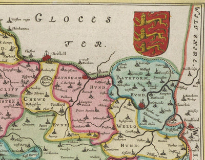 Old Map of Somerset in 1665 by Joan Blaeu - Bath, Bristol, Portishead, Weston-super-Mare, Taunton, Yeovil