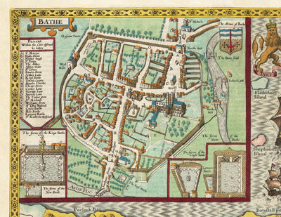 Old Map of Somerset in 1611 by John Speed - Bath, Portishead, Weston-super-Mare, Taunton