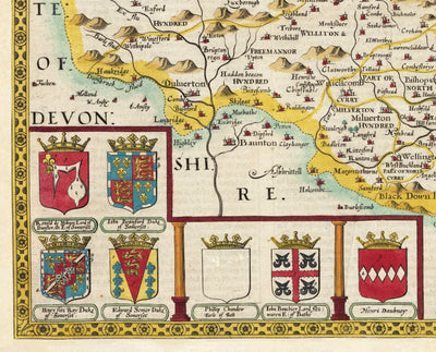 Old Map of Somerset in 1611 by John Speed - Bath, Portishead, Weston-super-Mare, Taunton