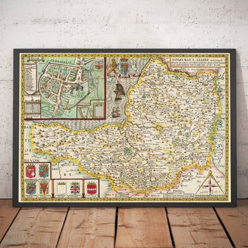 Old Map of Somerset in 1611 by John Speed - Bath, Portishead, Weston-super-Mare, Taunton