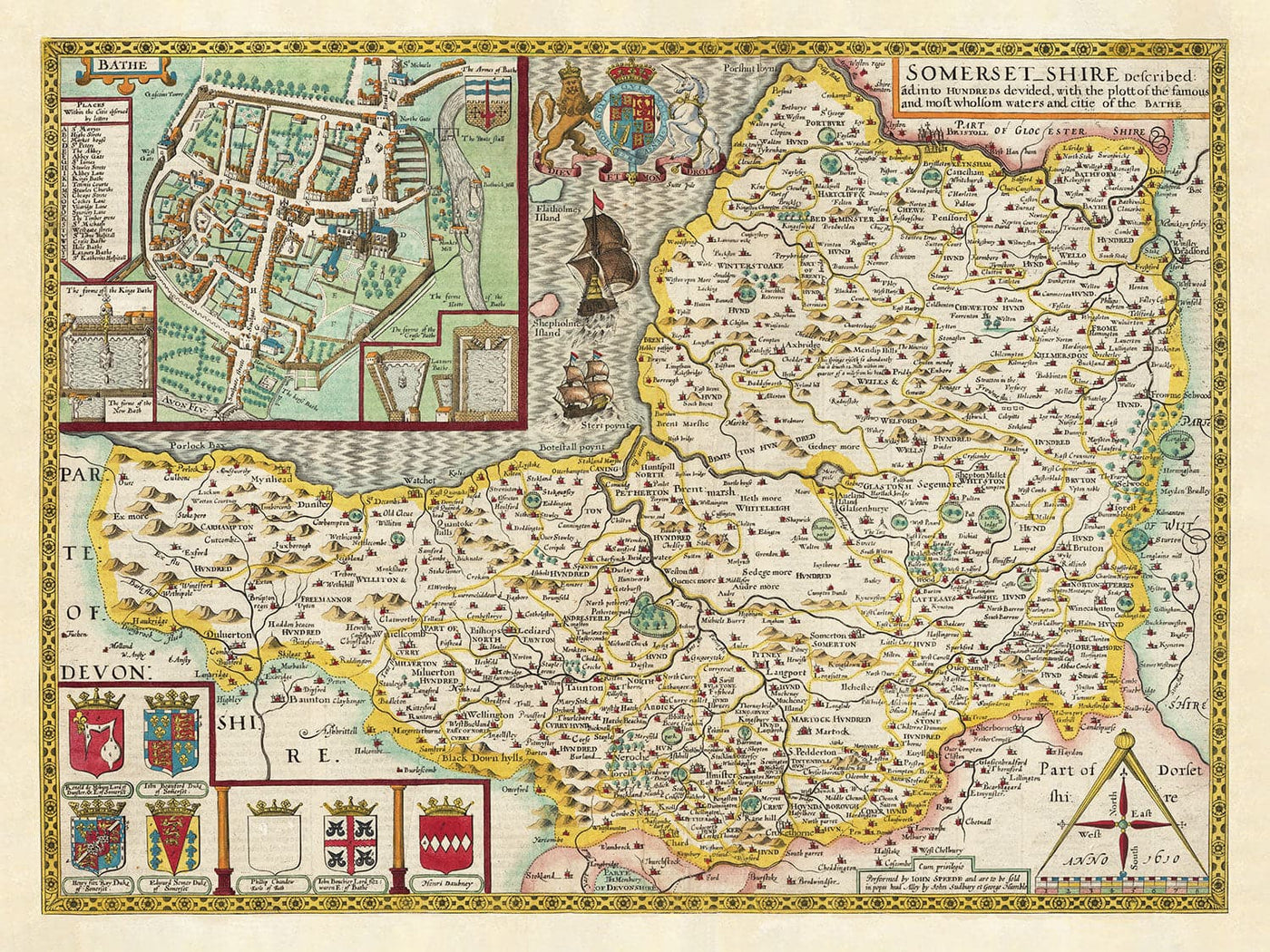 Old Map Of Somerset In 1611 By John Speed Bath Portishead Weston s old-map-of-somerset-in-1611-by-john-speed-bath-portishead-weston-s