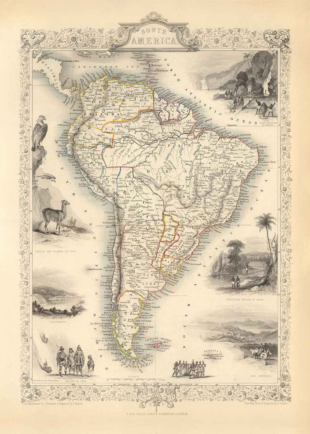 Old Map of South America, 1851 by Tallis & Rapkin - Portuguese Colonialism, Gold Washing, Amazon, Brazil, Colombia