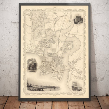 Mappa antica di Southampton nel 1851 di Tallis & Rapkin - Centro città, Fiume Itchen, Cappella, Docks, Ocean Village 