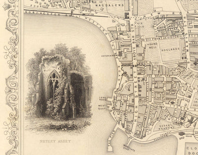 Old Map of Southampton in 1851 by Tallis & Rapkin - City Centre, River Itchen, Chapel, Docks, Ocean Village