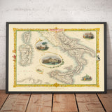 Ancienne carte de l'Italie du Sud en 1851 par Tallis & Rapkin - Sicile, Sardaigne, Corse, Naples, Palerme