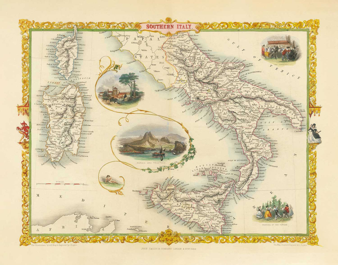 Old Map of Southern Italy in 1851 by Tallis & Rapkin - Sicily, Sardinia, Corsica, Naples, Palermo