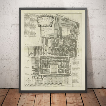 Mappa antica della parrocchia di St James, 1720 di Strype e Stow - Londra, Piccadilly, Piazza di St James, Pall Mall, Westminster 