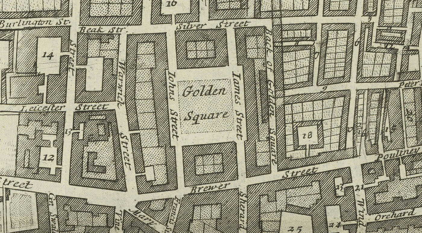 Old Map of St James's Parish, 1720 by Strype and Stow - London, Piccadilly, St James's Square, Pall Mall, Westminster