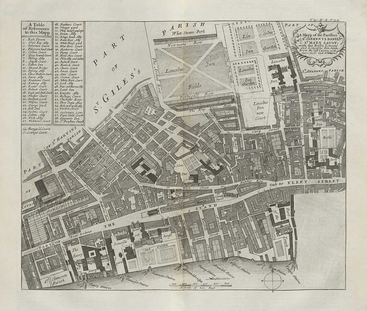 Old Map of St Mary Savoy, 1720 by Strype and Stow - London, Holborn, Strand, Fleet Street, River Thames
