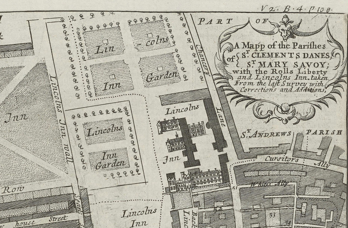 Old Map of St Mary Savoy, 1720 by Strype and Stow - London, Holborn, Strand, Fleet Street, River Thames