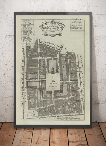 Mappa antica di Covent Garden, 1720 di Strype Stow - Londra, Chiesa di San Paolo, King Street, Strand, West End 