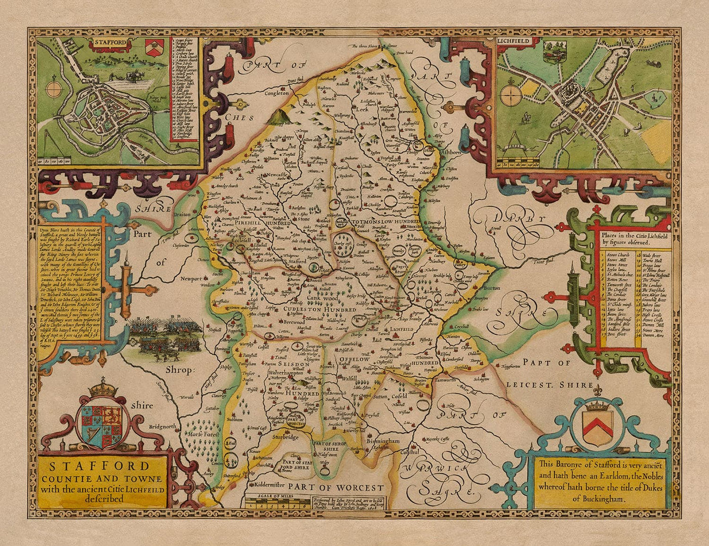 Old Map of Staffordshire, 1611 by John Speed - Stafford, Wolverhampton, Stoke-on-Trent, Lichfield, Birmingham, Dudley, Walsall