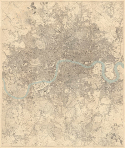 Große alte Karte von London von Edward Stanford (1862, 1891) - Monochrom, Blaue Themse oder handkoloriert