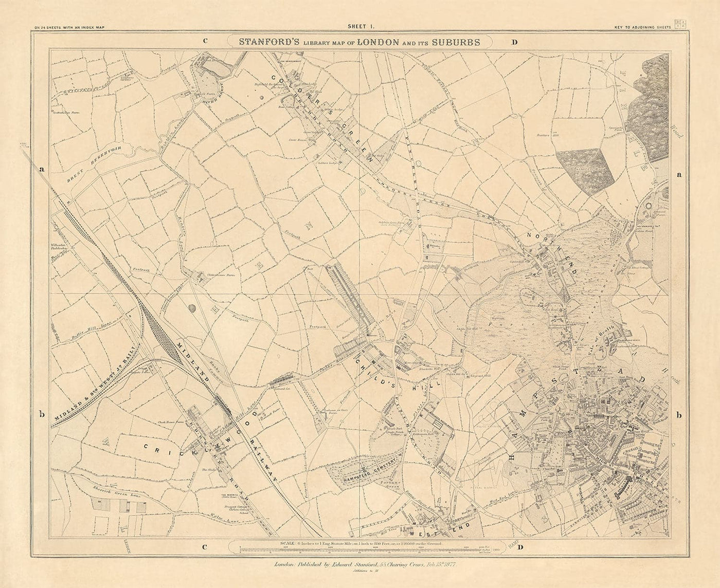 Old Map of North London 1862 by Edward Stanford - Hampstead, Cricklewood, Golders Green, Brent - NW2, NW3, NW11, NW4