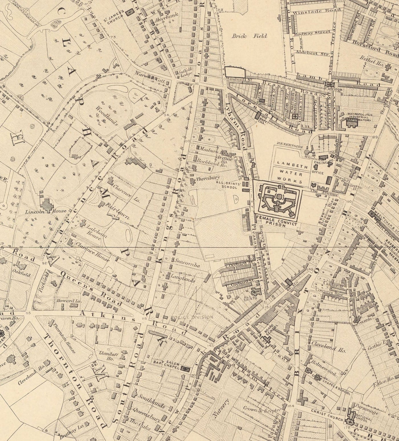 Old Map of South London in 1862 by Edward Stanford - Clapham, Balham, Brixton, Tooting - SW2, SW4, SW12, SW17, SW11