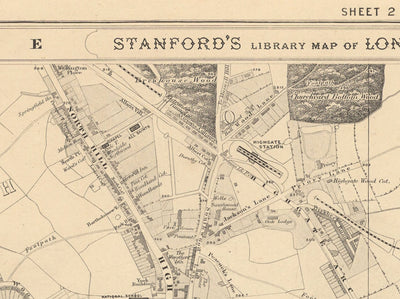 Old Map of North London in 1862 by Edward Stanford - Highgate, Hampstead Heath, Holloway, Crouch End - N6, N8, N19, N7, NW3, NW5