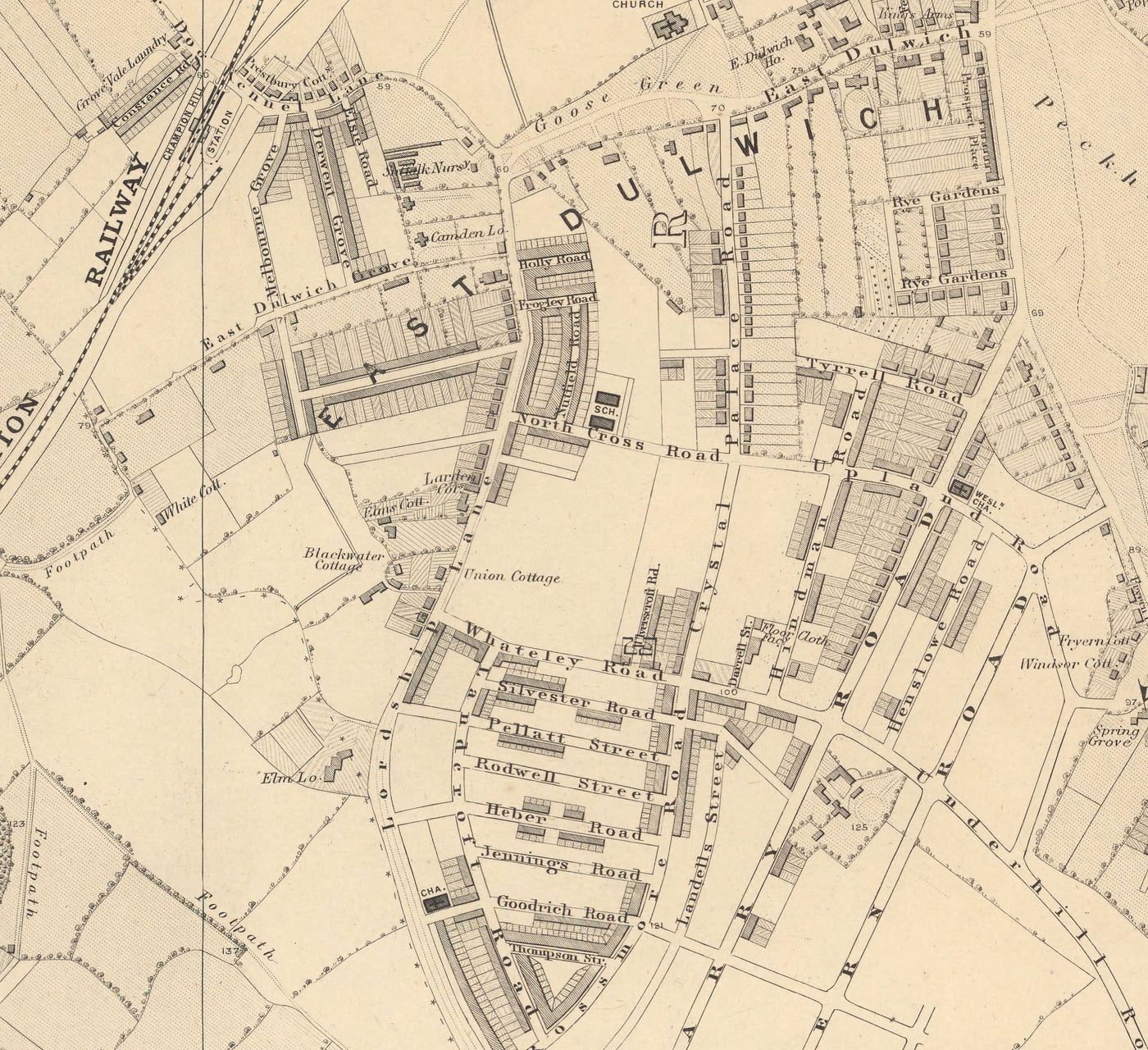 Old Map of South London in 1862 by Edward Stanford - Dulwich, Peckham Rye, Herne Hill, Forest Hill - SE24, SE22, SE21, SE23