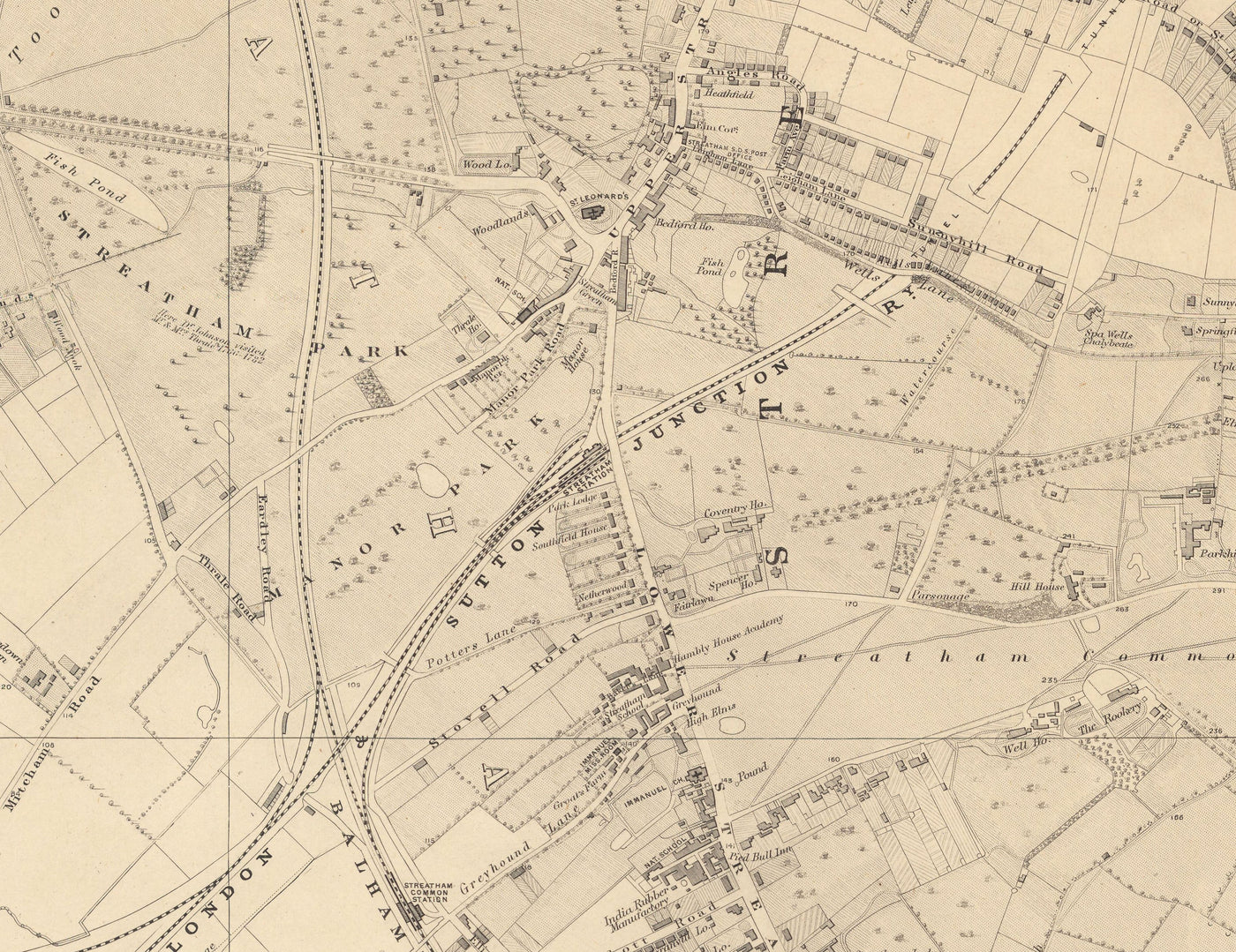 Ancienne carte de Sud London en 1862 par Edward Stanford - Streatham, Tooting, Mitcham, Norbury - SW17, SW16, CR4