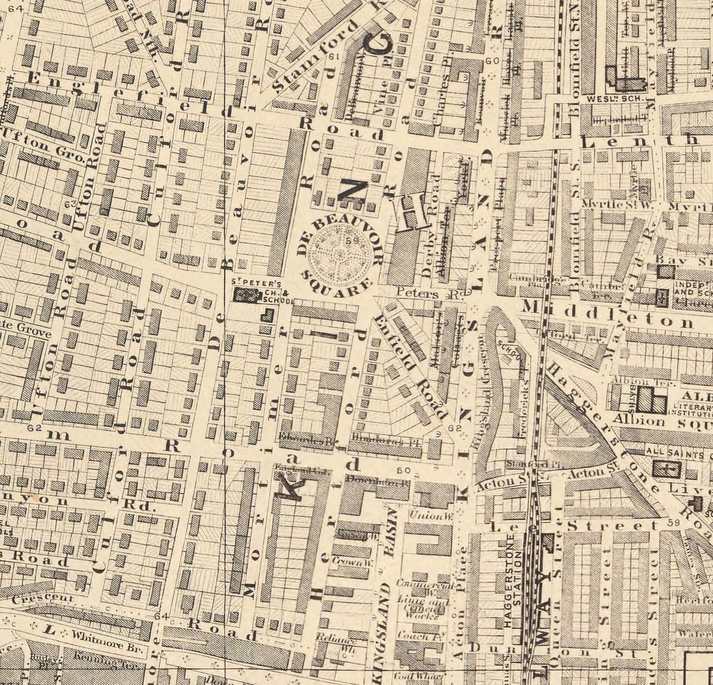 Old Map of London in 1862 by Edward Stanford - Hoxton, Haggerston, Dalston, Hackney, Bethnal Green, Shoreditch - N1, N5, E8, E2, EC1