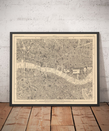 Viejo mapa de la ciudad de Londres por Edward Stanford, 1862 - London Bridge, St Pauls, Liverpool St, Bank, Finsbury, Southwark - EC1, EC2, EC3, EC4, E1, E1W, SE1, SE16