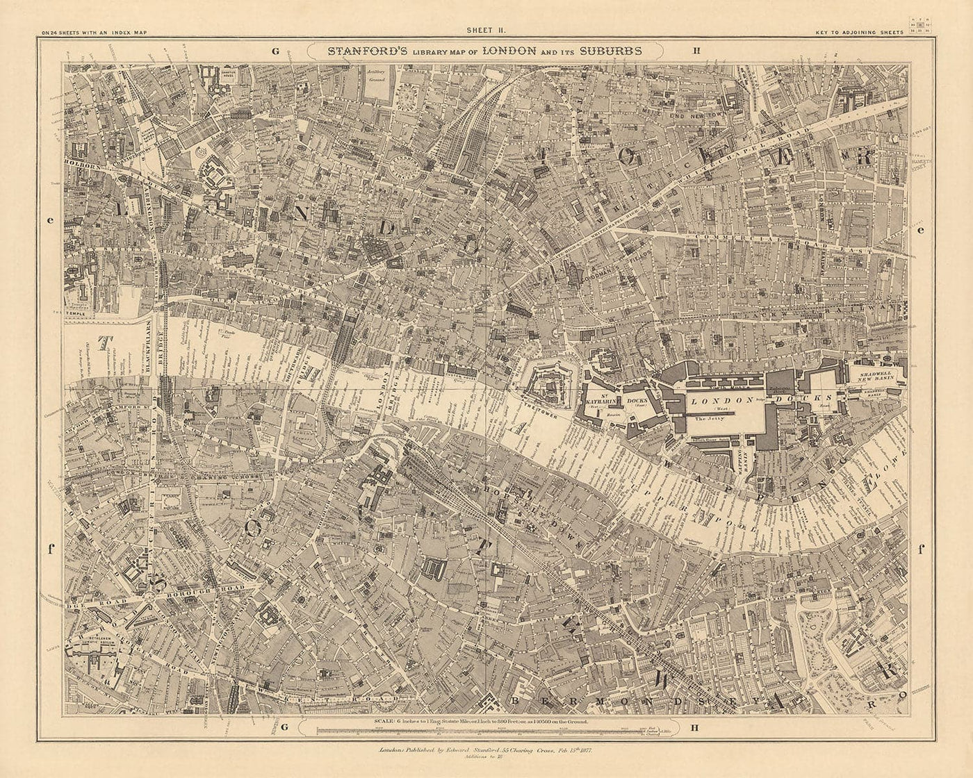 Old Map of City of London by Edward Stanford, 1862 - London Bridge, St Pauls, Liverpool St, Bank, Finsbury, Southwark - EC1, EC2, EC3, EC4, E1, E1W, SE1, SE16