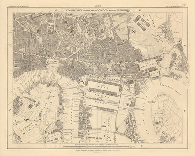 Old Map of East London in 1862 by Edward Stanford - Isle of Dogs, Tower Hamlets, Limehouse, Poplar, Surrey Quays - E1, E3, E14, SE16