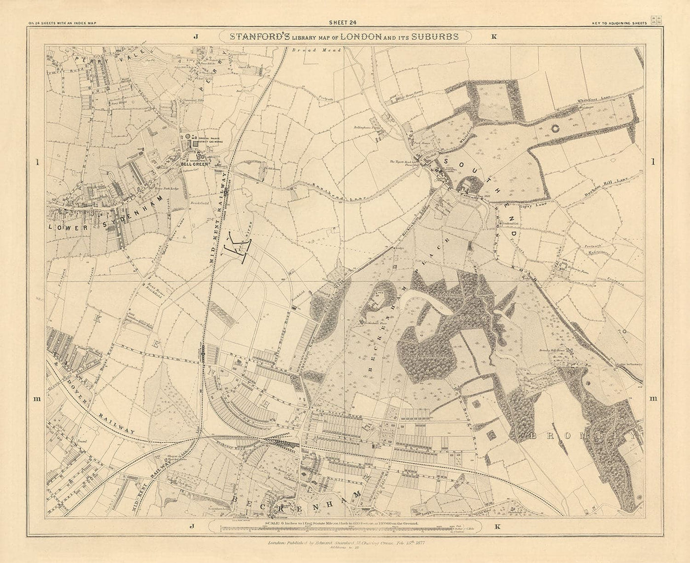 Old Map of South East London, 1862 by Edward Stanford - Bromley, Beckenham, Sydenham, Southend, Downham - SE26, SE6, BR1, BR2