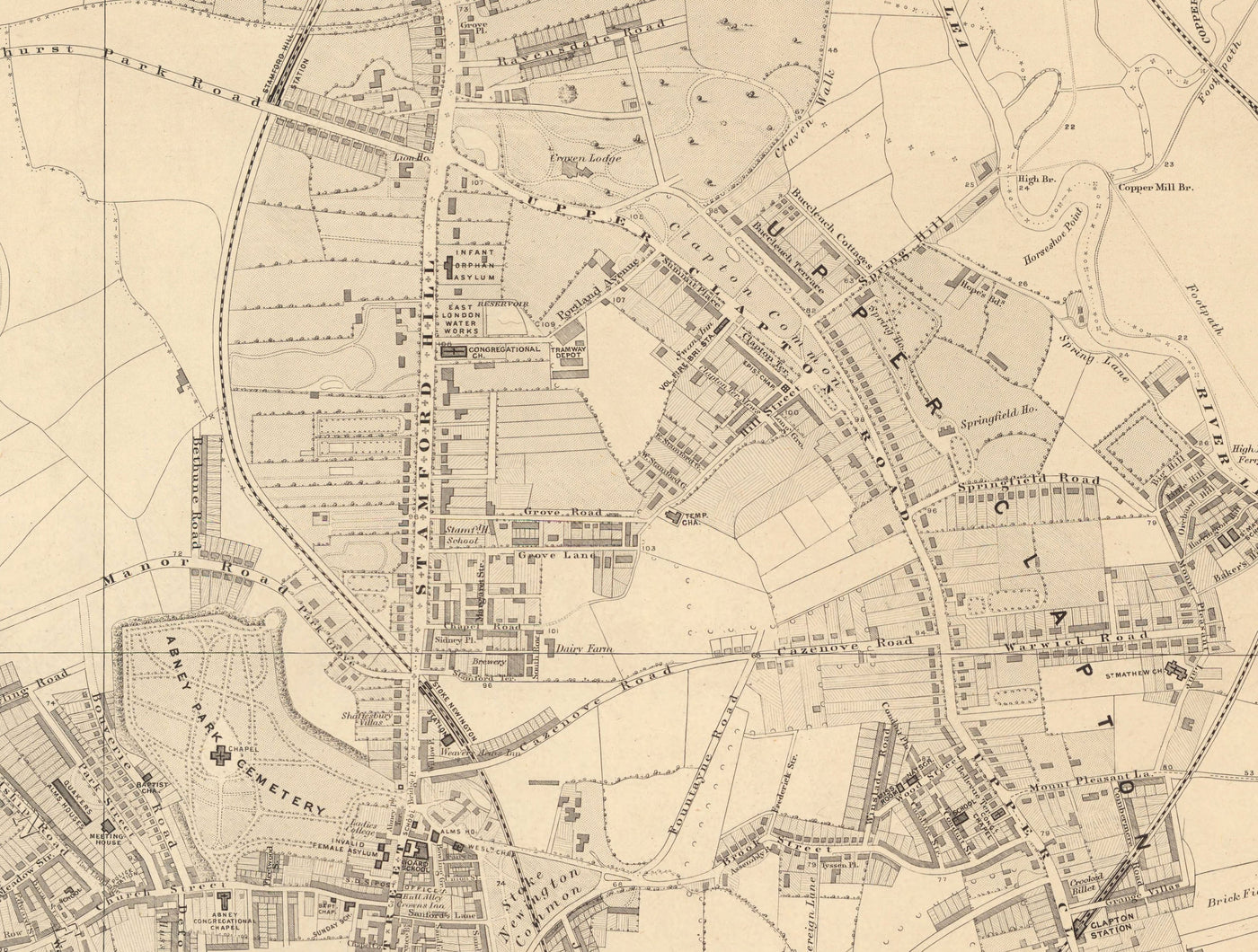 Old Map of North London, 1862 by Edward Stanford - Finsbury Park, Hackney Downs, Stoke Newington, Clapton - N4, N5, N15, N16, E5