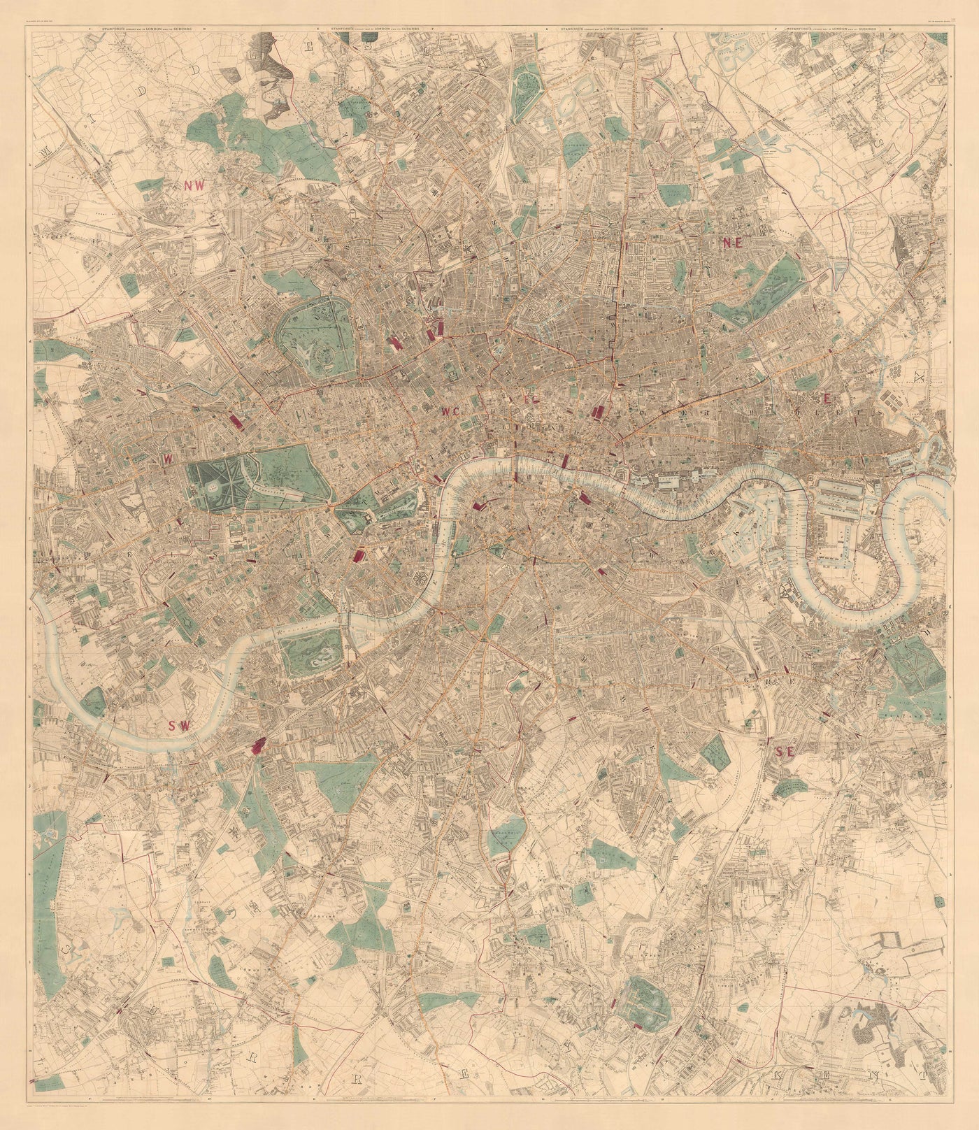 Große alte Karte von London von Edward Stanford (1862, 1891) - Monochrom, Blaue Themse oder handkoloriert