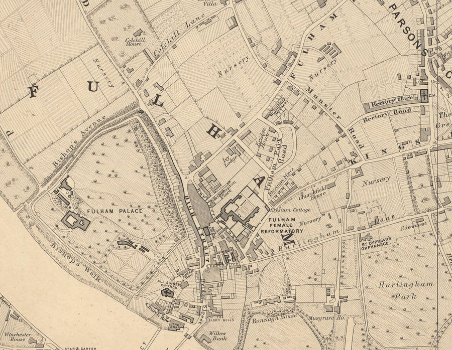 Ancienne carte de West London en 1862 par Edward Stanford - Fulham, Brompton, Battersea, Hammersmith - SW6, SW10, SW15, SW18, SW10, SW11, SW5, W6, W14