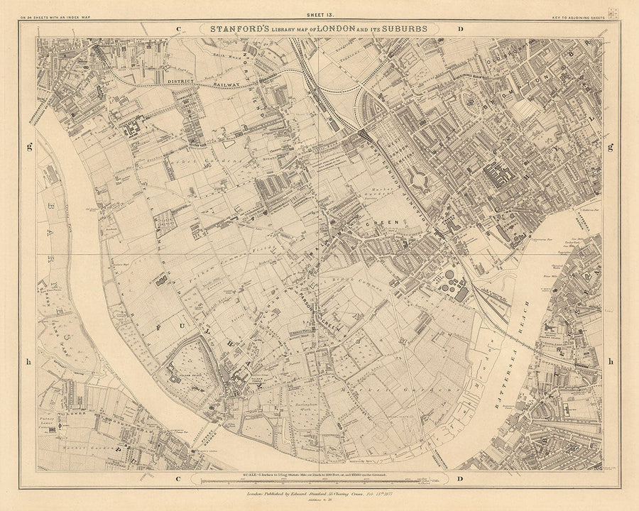 Ancienne carte de West London en 1862 par Edward Stanford - Fulham, Brompton, Battersea, Hammersmith - SW6, SW10, SW15, SW18, SW10, SW11, SW5, W6, W14