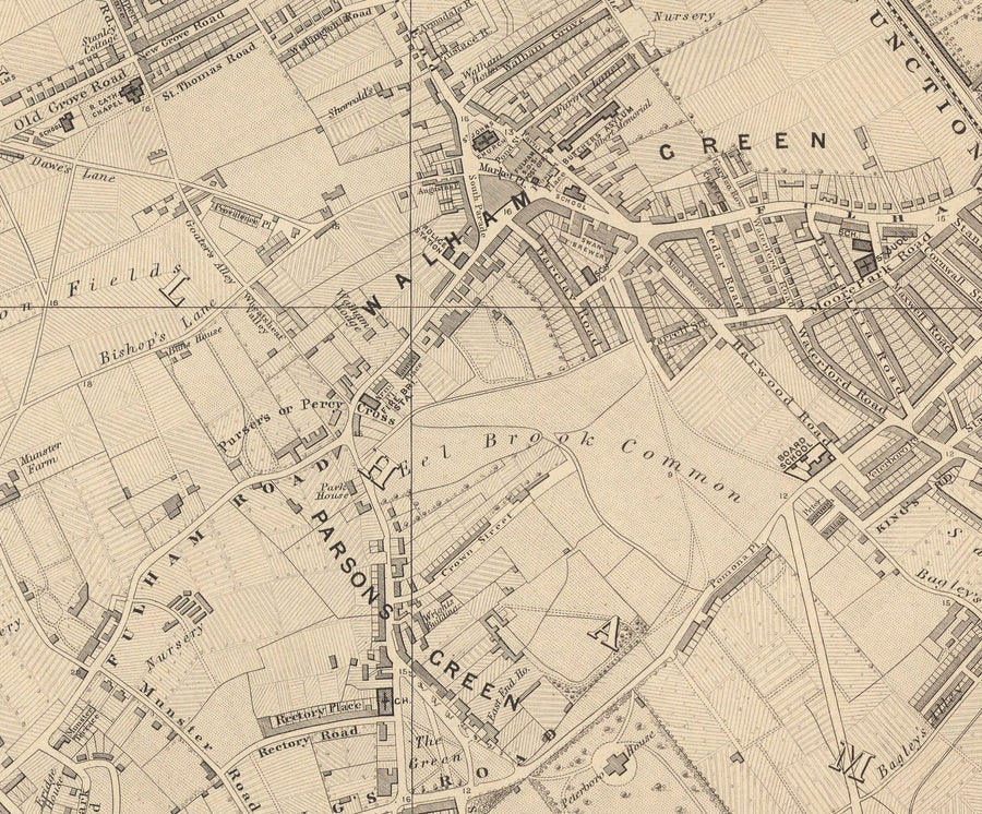 Ancienne carte de West London en 1862 par Edward Stanford - Fulham, Brompton, Battersea, Hammersmith - SW6, SW10, SW15, SW18, SW10, SW11, SW5, W6, W14