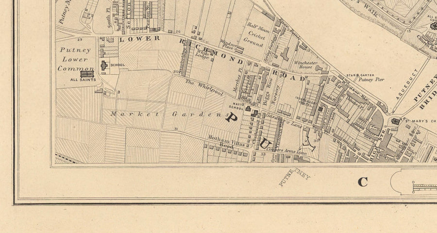 Ancienne carte de West London en 1862 par Edward Stanford - Fulham, Brompton, Battersea, Hammersmith - SW6, SW10, SW15, SW18, SW10, SW11, SW5, W6, W14