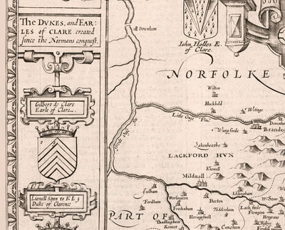 Old Monochrome Map of Suffolk, 1611 by Speed - Ipswich, Lowestoft, Bury St Edmunds, Haverhill, Felixstowe
