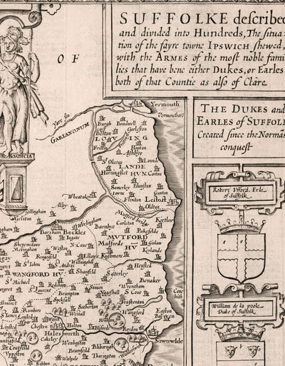 Old Monochrome Map of Suffolk, 1611 by Speed - Ipswich, Lowestoft, Bury St Edmunds, Haverhill, Felixstowe