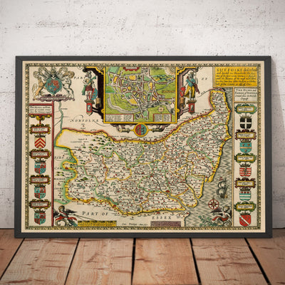 Old Map of Suffolk, 1611 by John Speed - Ipswich, Lowestoft, Bury St Edmunds, Haverhill