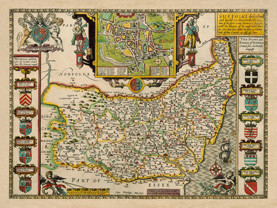 Old Map of Suffolk, 1611 by John Speed - Ipswich, Lowestoft, Bury St Edmunds, Haverhill
