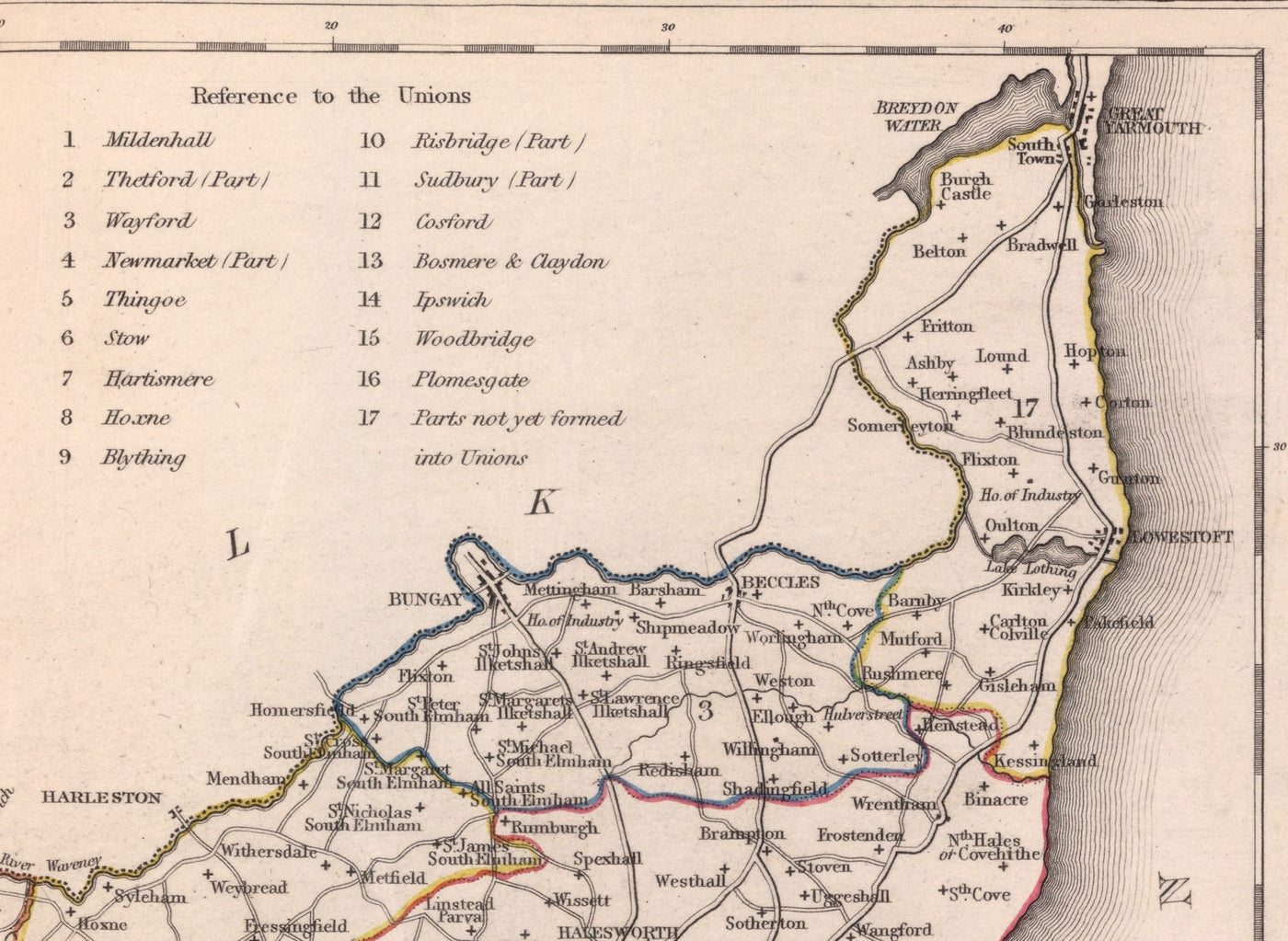 Old Map of Suffolk in 1844 by Samuel Lewis - Ipswich, Woodbridge, Bury St. Edmunds, Thetford, Great Yarmouth